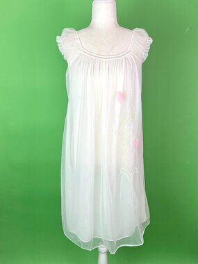 Vintage White Chiffon Nightgown with Pink Floral Applique - Size Medium